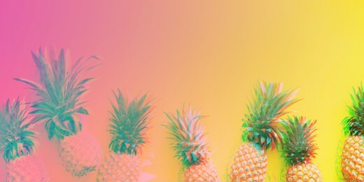 whole pine apple tropical fruits with leaves yellow background useful natural organic food top view flat lay group objects. glitch style effect. vibrant duotone yellow, violet colors. banner