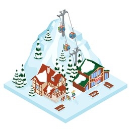 ski resort vacation gondola way. winter outdoor holiday activity sport in alps, landscape with mountain view and forest. alpine village chalet. flat style 3d isometric vector illustration