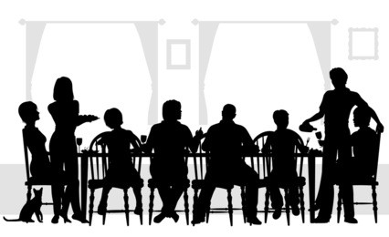 editable vector silhouettes of a family dining together with all elements as separate objects