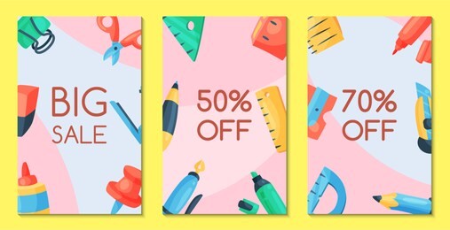 stationery sale set of banners vector illustration. discounts on school and office supplies. shopping or buying tools such as pen, pencil, glue, ruler, scissors, marker, notebook.