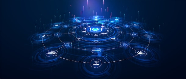 landing page iot. internet of things  devices and connectivity concepts on a network. spider web of network connections with on a futuristic blue background. iot icons