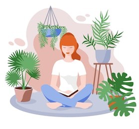 young woman sitting at home on the floor  and reading a book. girl reading a book  in greenhouse or home garden with plants growing in pots.  flat style vector illustration.