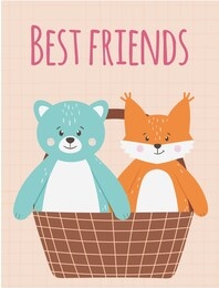 cute funny orange fox and blue bear animals