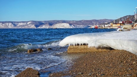 lake baikal in december at listvyanka village, irkutsk oblast, russia 