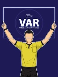 football referee shows video assistant referees action on blue background. vector illustration