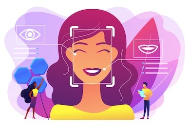 tiny people scientists identify womans emotions from voice and face. emotion detection, emotional state recognizing, emo sensor technology concept. bright vibrant violet vector isolated illustration