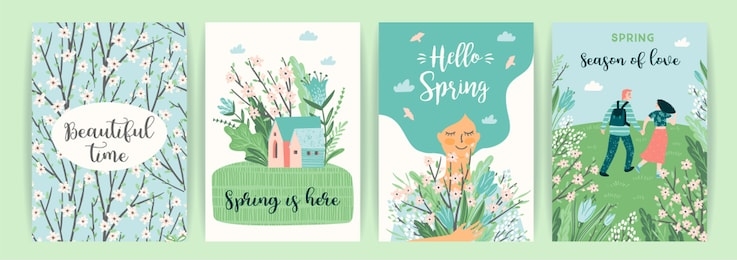 set of cute illustrations with people and spring nature. vectir design for poster, card, invitation, placard, brochure, flyer and other