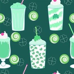 seamless repeating vector pattern of mint milkshakes with shamrocks