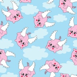 seamless repeating vector pattern of flying piggies on a blue sky background