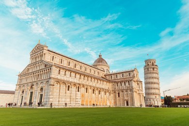 leaning tower of pisa and surrounding buildings and city of pisa