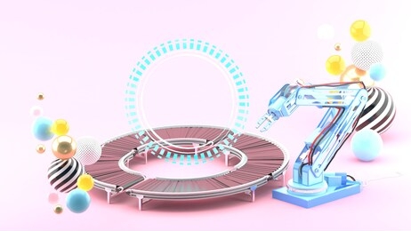 robot arm, product belt and light ring surrounded by colorful balls on a pink background.-3d rendering.