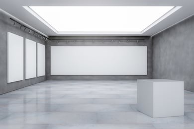 contemporary concrete exhibition hall interior with empty billboard and reflections on floor. gallery and museum concept. mock up, 3d rendering 