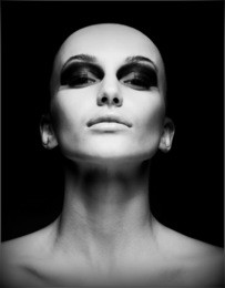  extreme. portrait of eccentric hairless woman. shaved skull. futurism