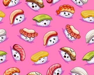 vector kawaii seamless pattern. cartoon sushi with cute emotions on pink background. in kawaii style. tasty japanese food. icons with tuna, salmon, eel, avocado, omelette, octopus, shrimp