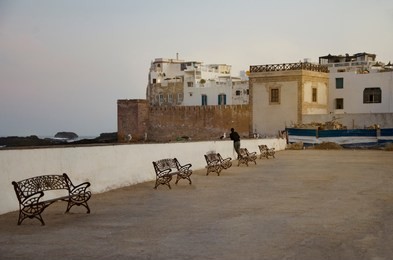 view of the town wall in front of the medina of essaouira, morocco