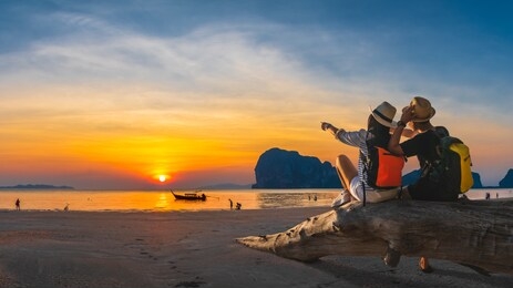 romantic couple traveler joy look beautiful nature at sunset pak meng beach outdoor lifestyle attraction travel trang thailand exotic beach tourist on summer holiday vacation, tourism destination asia