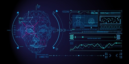 face recognition system concept with low polygon human face scanning blue template background with ui, vector illustration