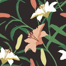 blossom floral seamless pattern. pink and white lily branches, leaves scattered random. trendy abstract vector texture. good for fashion prints, fabric, design. hand drawn flowers on black background