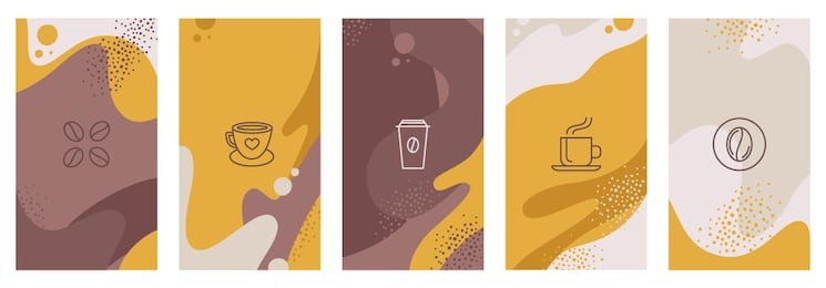 vector set of abstract creative backgrounds with copy space for text and coffee linear icons - design templates for social medi stories for coffee shop and house - simple, stylish and minimal designs 