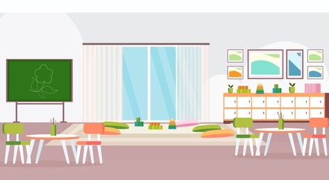 preschool modern kindergarten children classroom with chalkboard desks chairs and playroom decoration furniture empty no people kid room interior flat horizontal