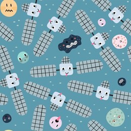 seamless pattern with cute satellite and and fantastic planets. vector illustration for children. trendy kids vector background.