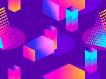 futuristic seamless pattern with geometric shapes. isometric 3d objects. purple and blue gradient. retrowave. vector illustration