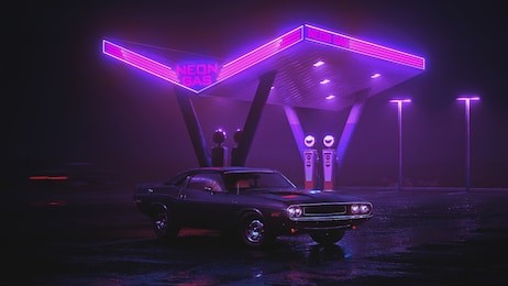3d illustration of gas station and retro car