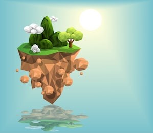 tree on island landscape with green mountain and clouds above green land,with sunrise blue sky background,low polygon modelling design shape,geometric and triangle,ecology,vector art illustration.
