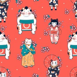 various cats dressed in traditional japanese clothes with sakura flowers. anthropomorphic animals. kawaii illustration. hand drawn colored vector seamless pattern. red background