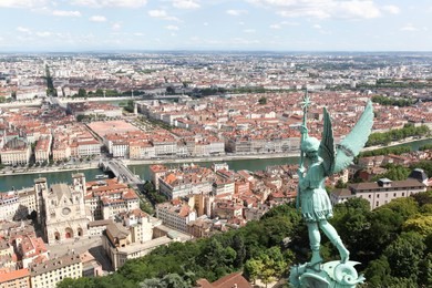 view of the city of lyon from the hill of notre dame de fourviere, france