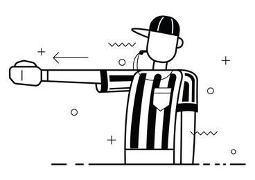 referee flat trendy vector blowing whistle and calling first down on play. vector illustration