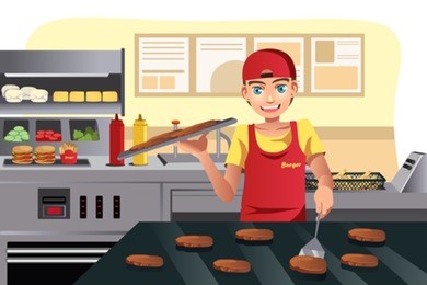 a vector illustration of a cook flipping burgers at a fast food restaurant kitchen