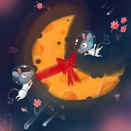 the little mouse in a suit of the astronaut gives cheese to mother