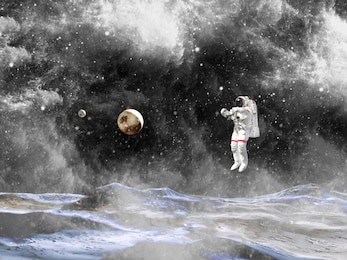 spaceman in a spacesuit in outer space. astronaut landing on a planet. cosmonaut explore unknown planet. elements of this image furnished by nasa 