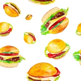 set of delicious fresh burgers. watercolor illustration isolated on white background.seamless pattern