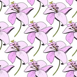 vector lily floral botanical flower. wild spring leaf wildflower isolated. engraved ink art. seamless background pattern. fabric wallpaper print texture.
