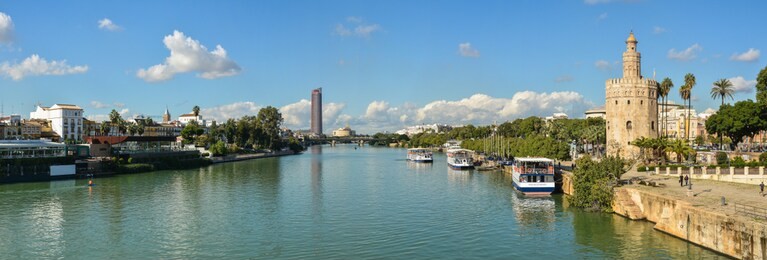 panorama of seville, the golden tower and the embankment of the river. torre del oro is one of the symbols of the capital of andalusia in spain.