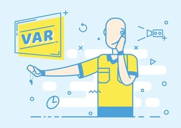 flat trendy referee football shows the game stop action. video assistant referee. soccer var system on the tv screen. vector illustration