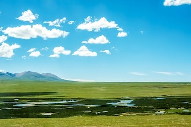 
blue sky, white clouds and green grassland mountains, plateau ranch, tibet-tibet railway, china 