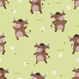 cute bull with flower seamless pattern. farm animal cartoon character set.