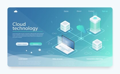 cloud hosting network isometric concept. online computing storage concept. concepts cloud storage. header for website with computer, laptop, smartphone. isometric cloud hosting network banner design.