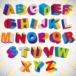3d font, bold psychedelic colorful alphabet, vector.