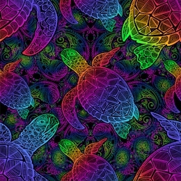 sea turtle in psychedelic multicolor colors with lotuses and mandala in the style of boho - seamless pattern