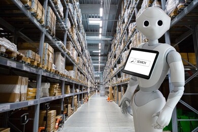 modern robot with integrated digital tablet in warehouse store stock.