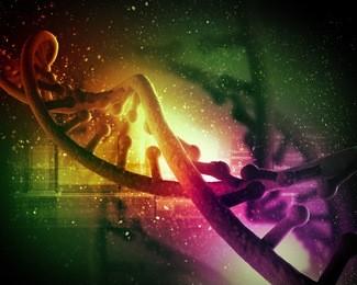 dna molecule is located in front of a colored background. abstract collage