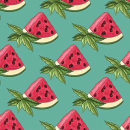 watermelon pattern. watermelon and peppermint on blue background. summer color texture.