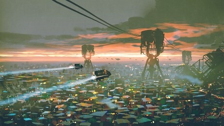 cityscape of slum city in futuristic world, digital art style, illustration painting