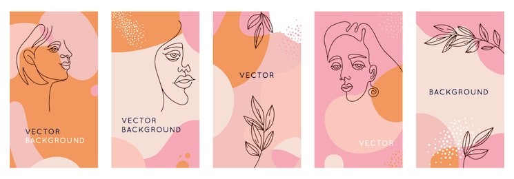 vector set of abstract creative backgrounds in minimal trendy style with women face portrait in one line with copy space for text - design templates for social media stories 