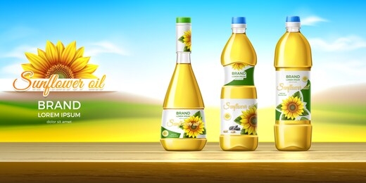 packaging design of sunflower oil. splash effect. summer landscape. wooden table. realistic vector illustration