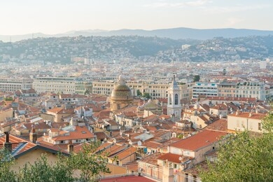 aerial sunset view of the nice downtown cityscape from castle hill at france